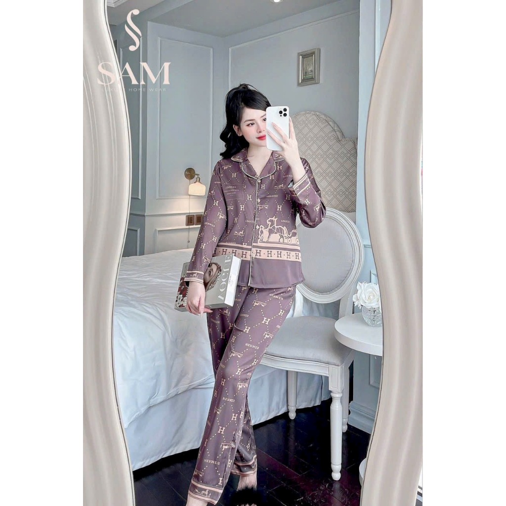 Bộ pijama nữ áo dài quần dài họa tiết chữ nhiều màu chất lụa tơ cao cấp Xumaki Store