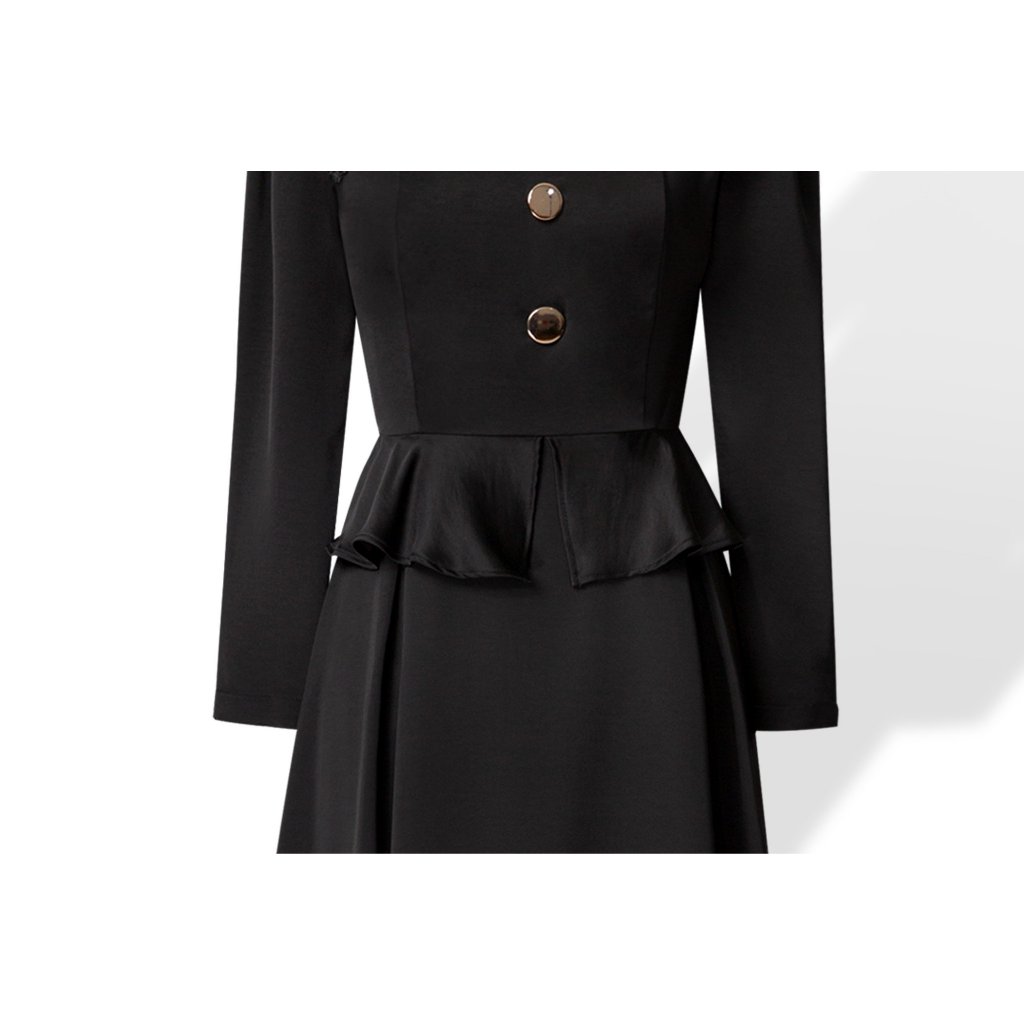 Đầm Xòe Katosa Tay Dài Phối Ren 1 Màu Đen, Đầm Phối Ren Dáng Xòe, Chất Lụa Mềm