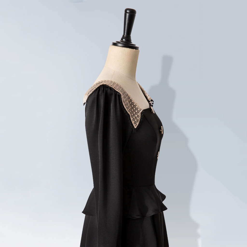 Đầm Xòe Katosa Tay Dài Phối Ren 1 Màu Đen, Đầm Phối Ren Dáng Xòe, Chất Lụa Mềm