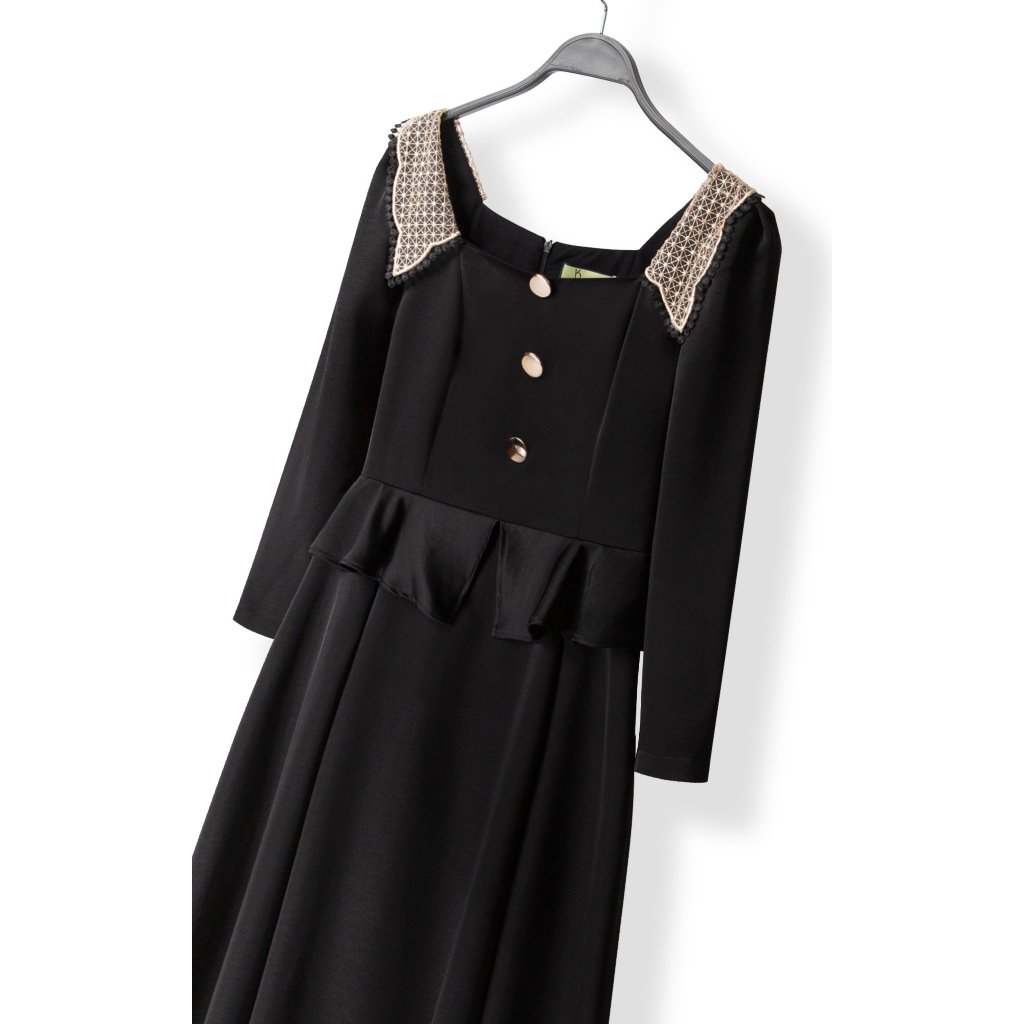 Đầm Xòe Katosa Tay Dài Phối Ren 1 Màu Đen, Đầm Phối Ren Dáng Xòe, Chất Lụa Mềm