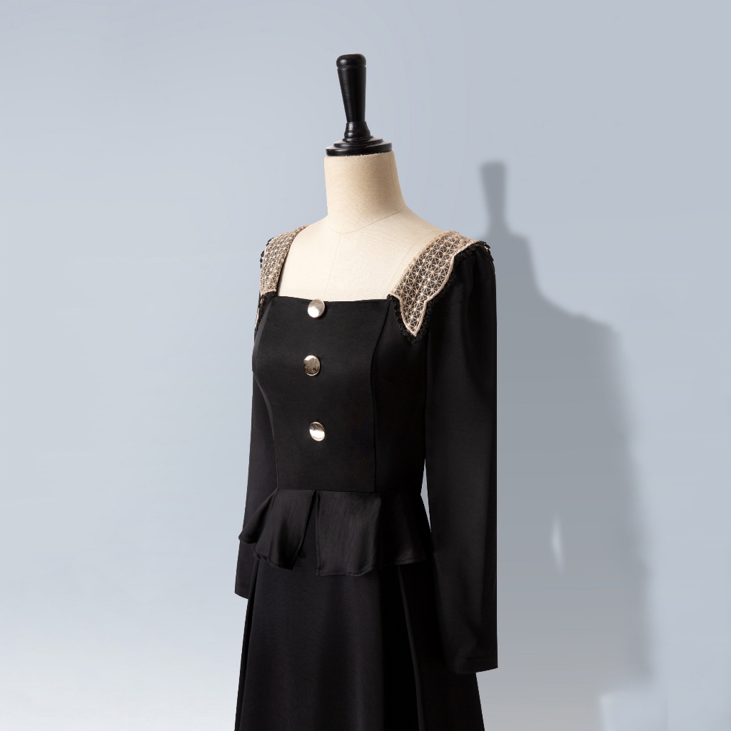 Đầm Xòe Katosa Tay Dài Phối Ren 1 Màu Đen, Đầm Phối Ren Dáng Xòe, Chất Lụa Mềm