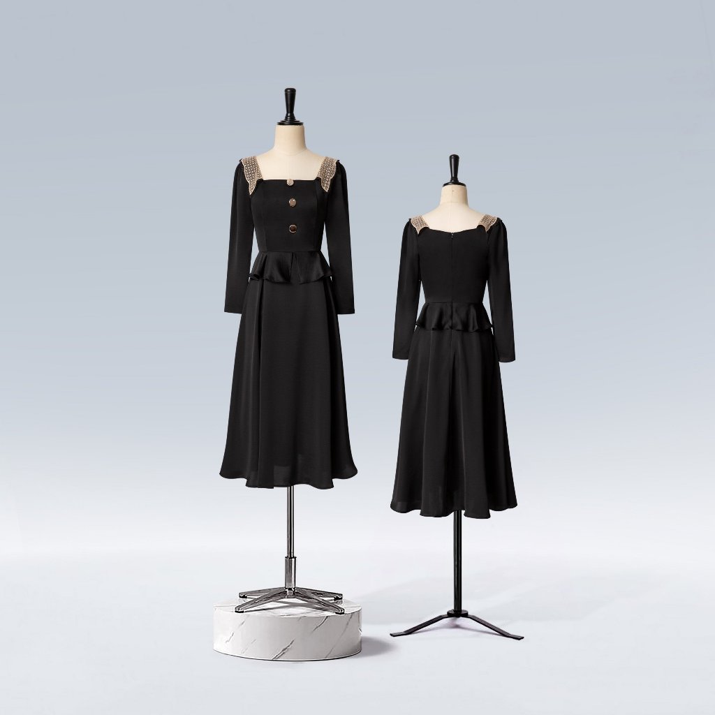 Đầm Xòe Katosa Tay Dài Phối Ren 1 Màu Đen, Đầm Phối Ren Dáng Xòe, Chất Lụa Mềm