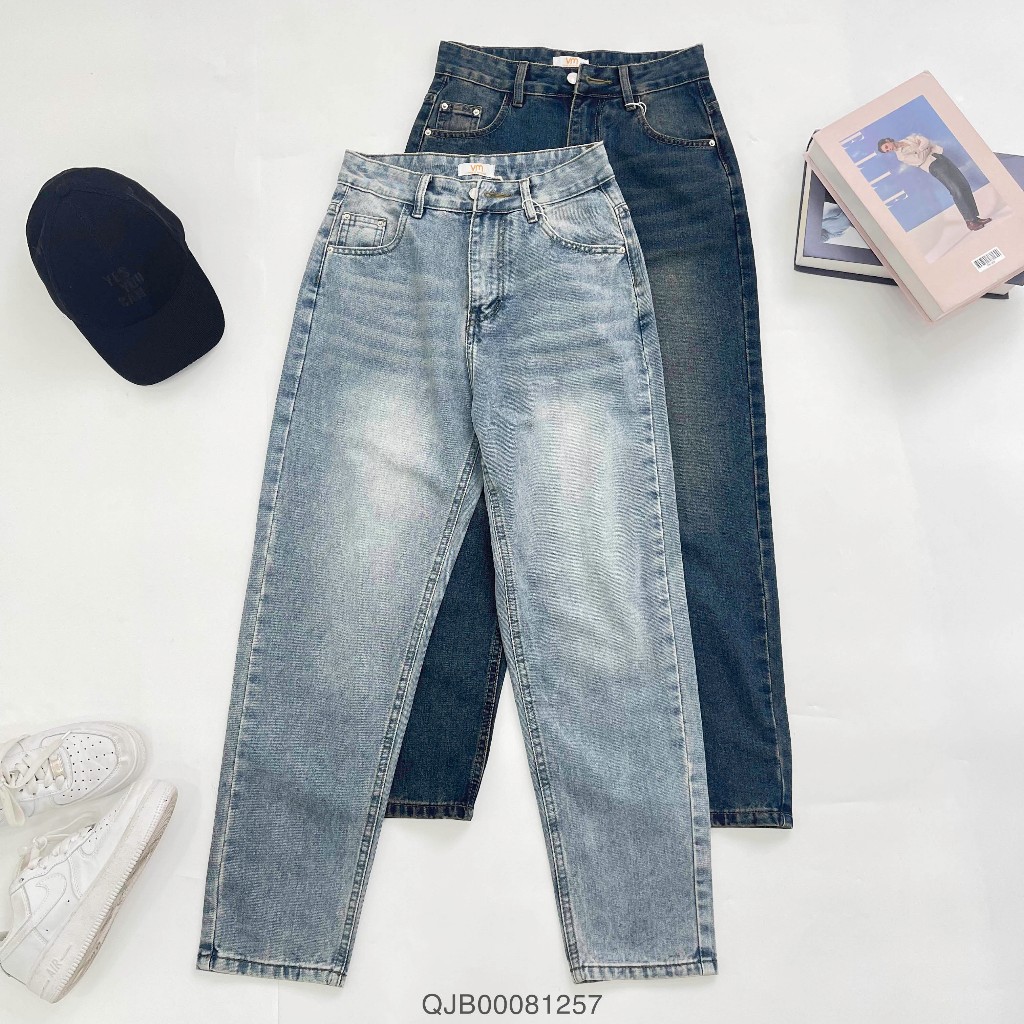 Quần jean baggy nữ VMSTYLE dáng suông trơn lai gấp lưng cao basic 406 - QJB00081