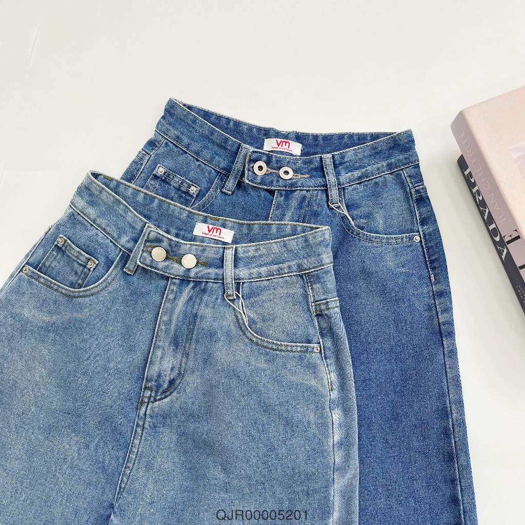 [Mã FATREND2810 giảm đến 30k tối đa 99k] Quần jean nữ VMSTYLE ống rộng cạp cao phối 2 nút trơn lai thường N99 - QJR00005