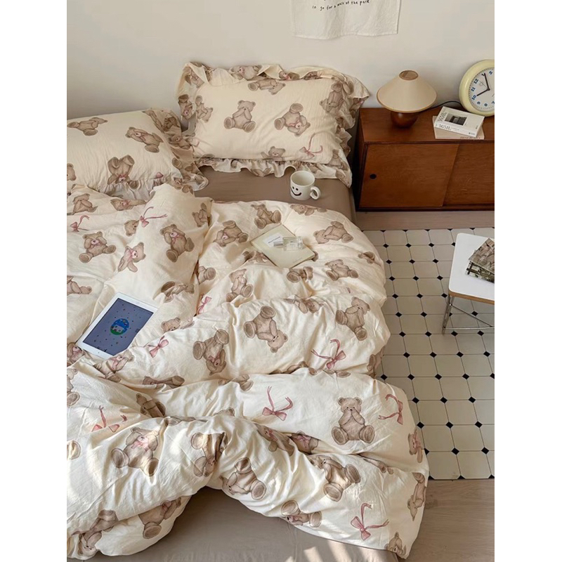 Bộ chăn ga kèm 2 vỏ gối COTTON TICI ĐŨI viền bèo vintage ( ko kèm ruột)