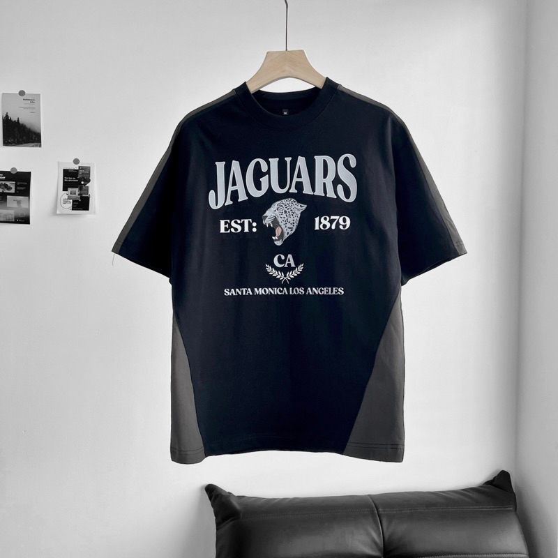 Áo thun tay lỡ unisex,thiết kế phối màu in hình jagur màu đen viền xám