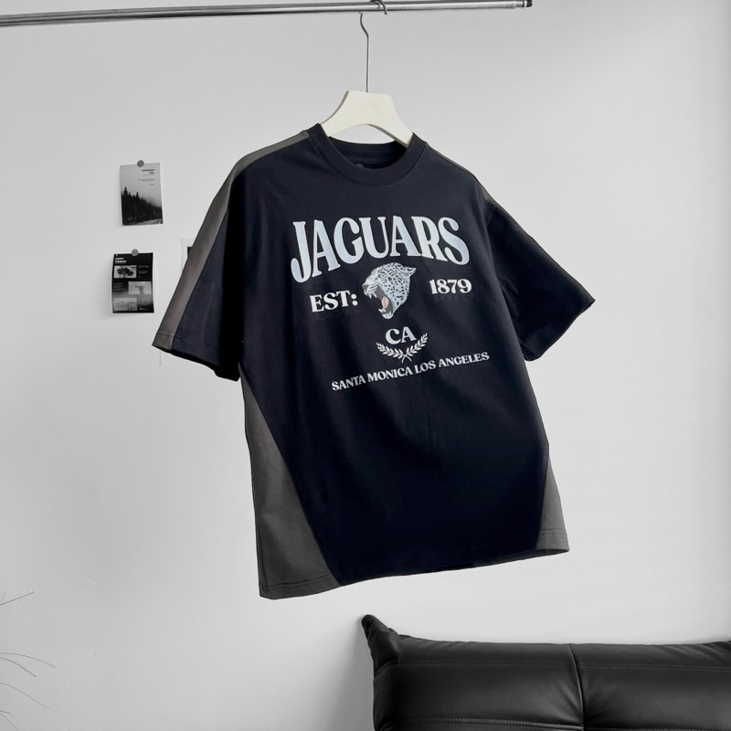 Áo thun tay lỡ unisex,thiết kế phối màu in hình jagur màu đen viền xám