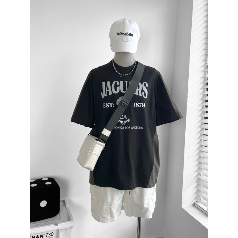 Áo thun tay lỡ unisex,thiết kế phối màu in hình jagur màu đen viền xám