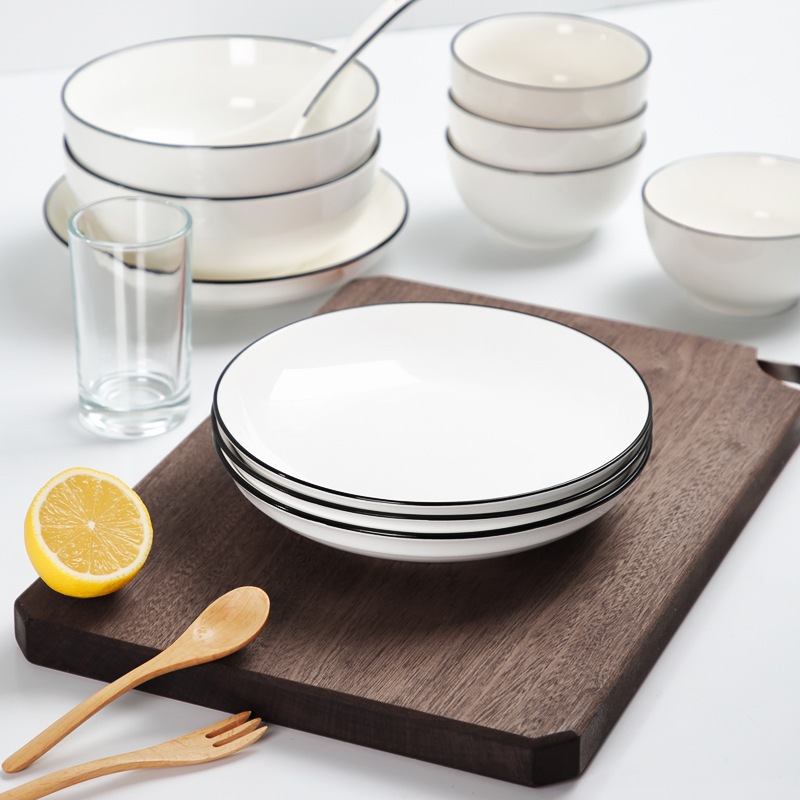 Đĩa sứ ăn cơm gia đình trắng viền đen sang trọng GRADO B01