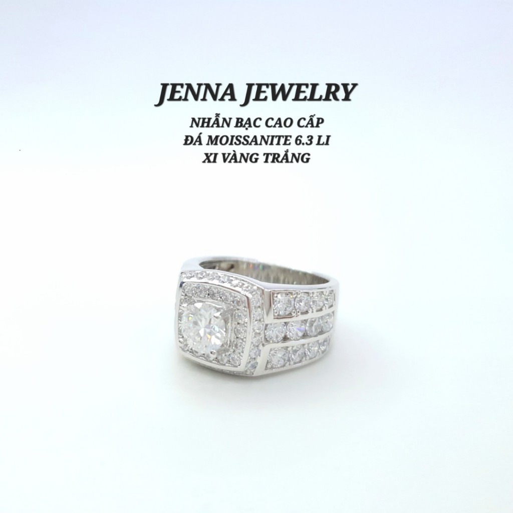 Nhẫn bạc nam xi bạch kim đá moissanite 6.3 li