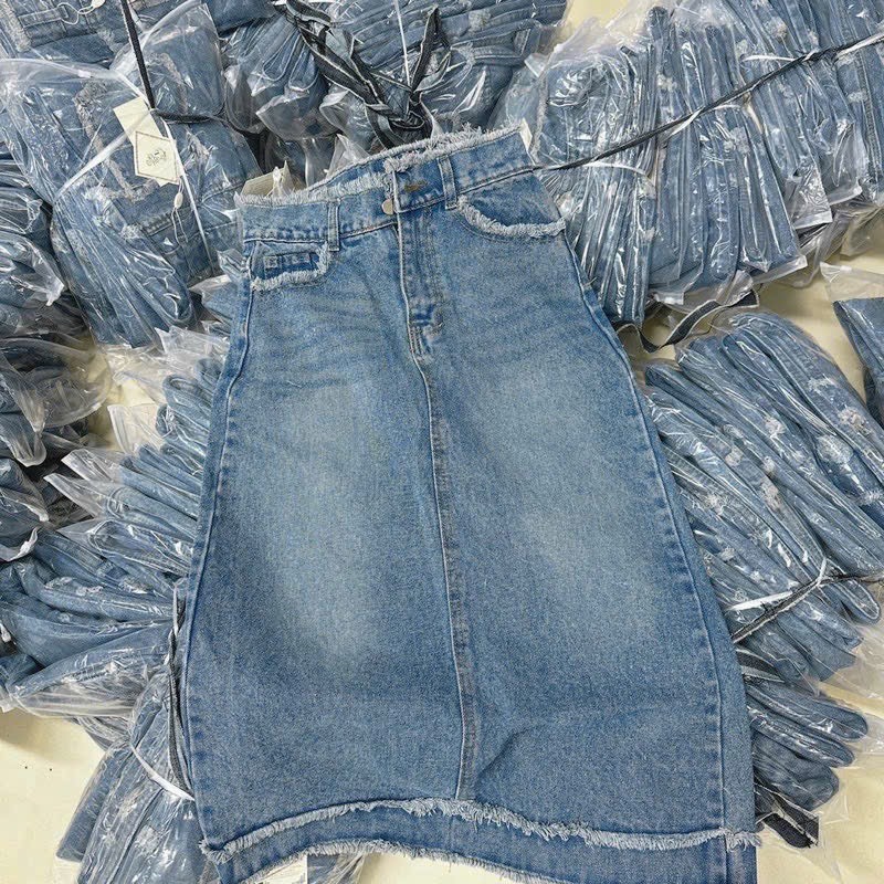 Shynstores Chân váy bò - chân váy jeans cạp cao tua viền túi eo hàng đẹp cho nữ