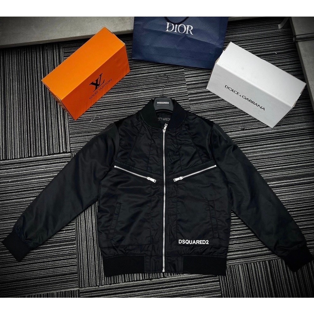 Áo khoác bomber nam DSQ chữ thêu mix khóa cao cấp - Áo khoác nam DSQ 2 lớp cao cấp