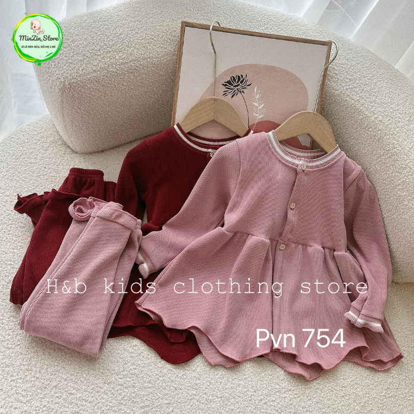 Set quần áo dài chất nhung tăm dáng Baby Doll cho bé gái từ 9-23kg có màu hồng và đỏ đô