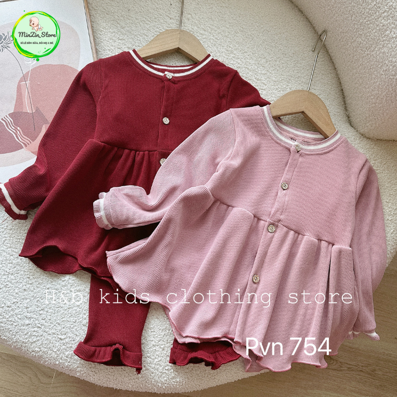Set quần áo dài chất nhung tăm dáng Baby Doll cho bé gái từ 9-23kg có màu hồng và đỏ đô