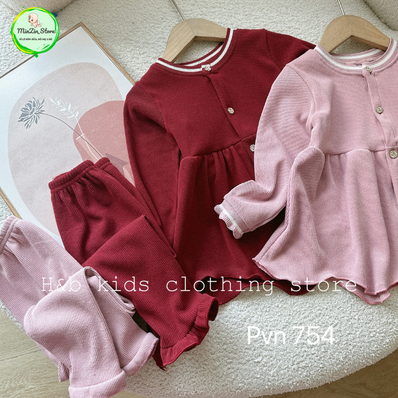 Set quần áo dài chất nhung tăm dáng Baby Doll cho bé gái từ 9-23kg có màu hồng và đỏ đô