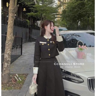 Set Áo Cổ Tròn Croptop Tay Dài Lật Phối Viền Màu Đính Cúc Đồng Vàng Mix Chân Váy Dáng Midi Xòe Cực Kì Sang Chảnh
