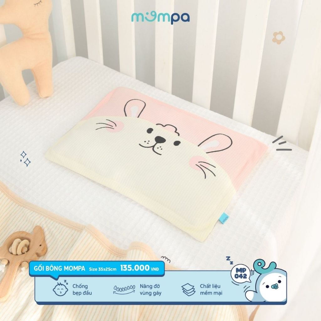 Gối sơ sinh cho bé Mompa ruột bông mềm mại chống bẹp đầu hoạ tiết động vật dễ thương kích thước 35x25cm 042