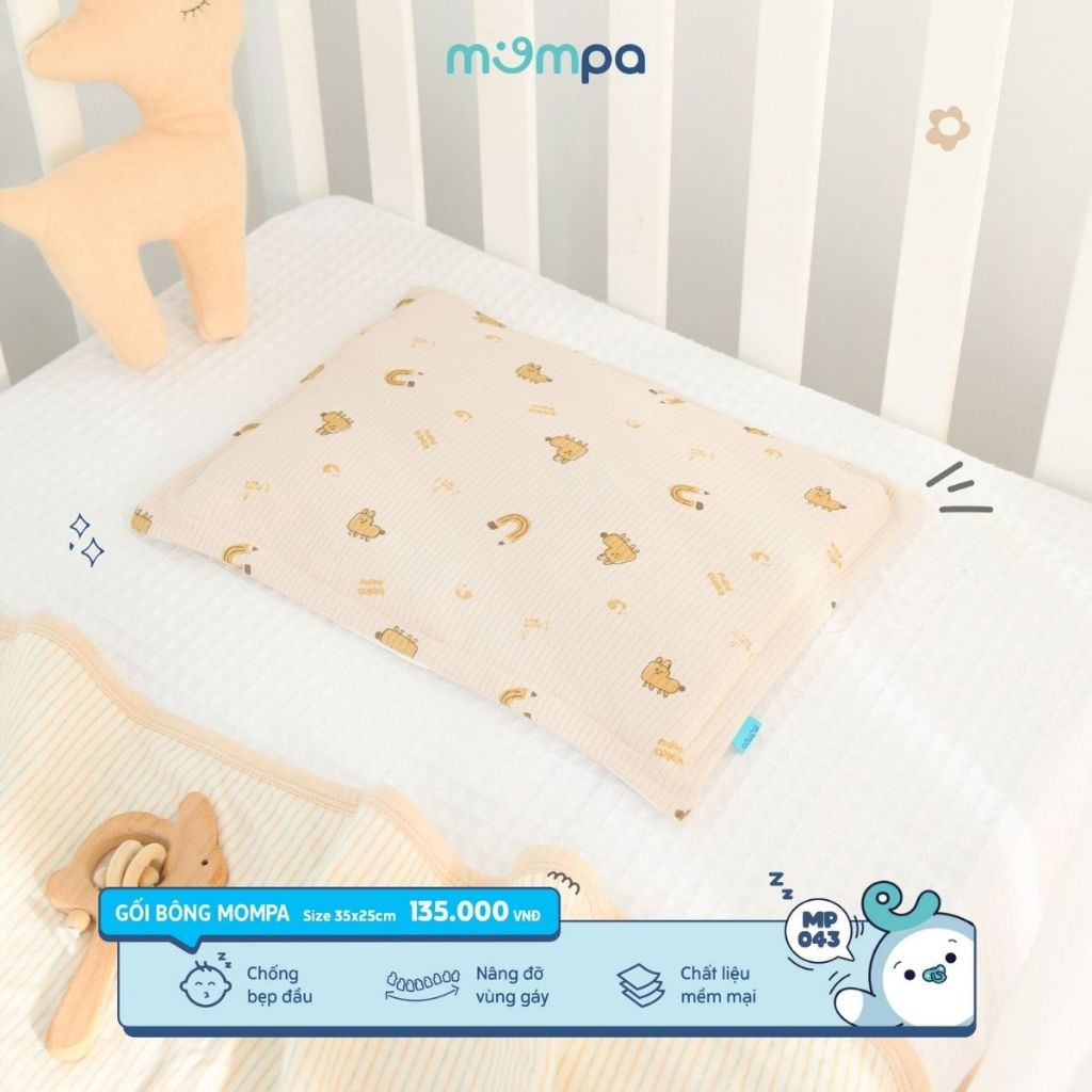 Gối sơ sinh cho bé Mompa ruột bông mềm mại chống bẹp đầu hoạ tiết động vật dễ thương kích thước 35x25cm 043