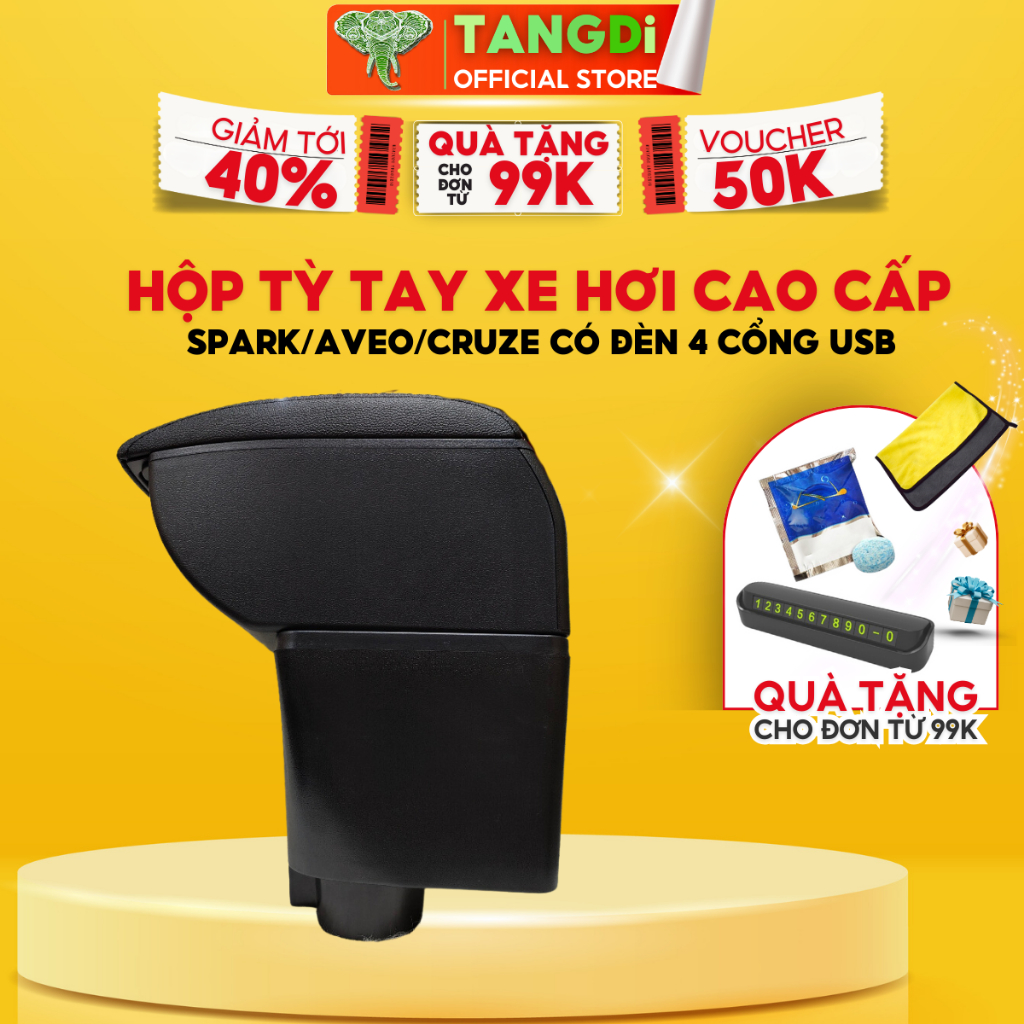 Bệ tỳ tay Chevrolet Spark, Cruise, Aveo đen, Aveo kem hàng v2 thế hệ mới có đèn, 4 cổng usb chính hãng TANGDi