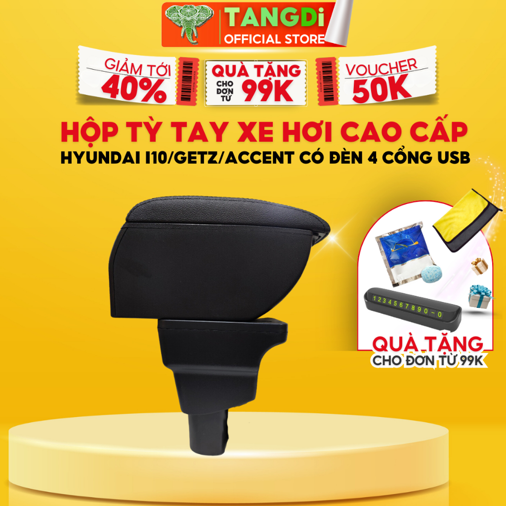 Bệ tỳ tay HYUNDAI I10/GETZ/ACCENT chínhh hãng TANGDi 4 cổng USB có đèn Mã T012
