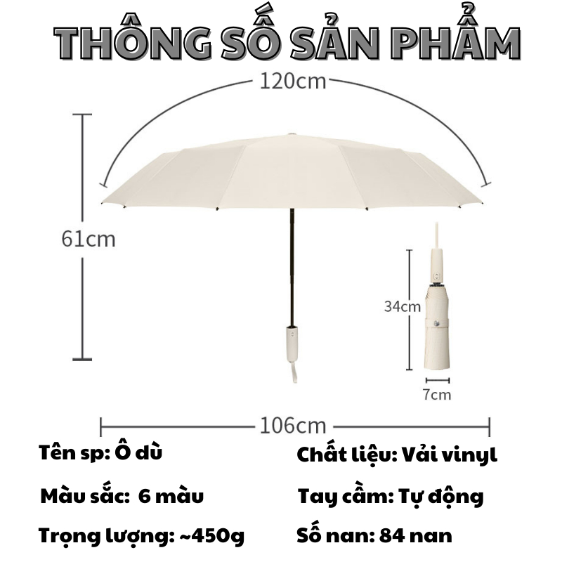 Ô Che Mưa Cao Cấp Qin 84 Nan Chống Lật Tuyệt Đối Kích Thước 120CM