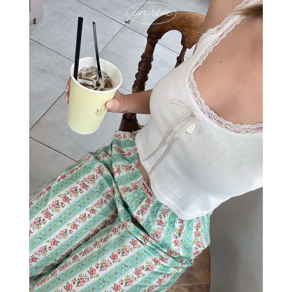 UNRÊVE ÁONHÍ Áo Croptop Ba Lỗ Trắng Viền Ren Short Tank Top Đồ Mặc Nhà Cotton Cao Cấp Đồ Ngủ Thời Trang