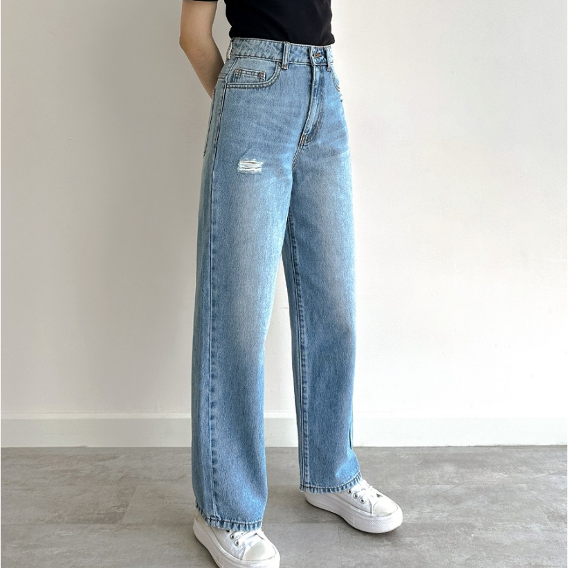Quần Jeans Nữ Ống Rộng REDE LR-02, Lưng Cao, Form Suông, Họa Tiết Rách Phong Cách