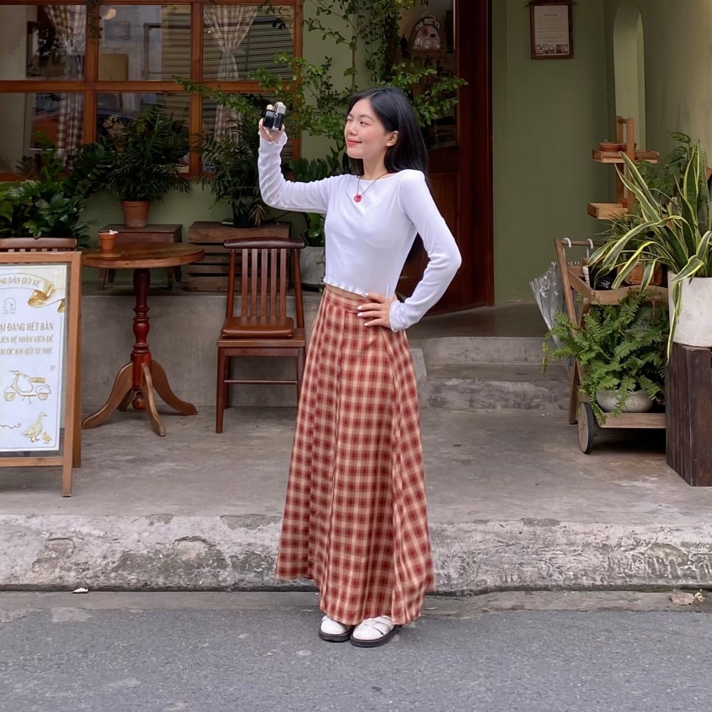Chân váy caro dài Vintage Đỏ - Aufra studio