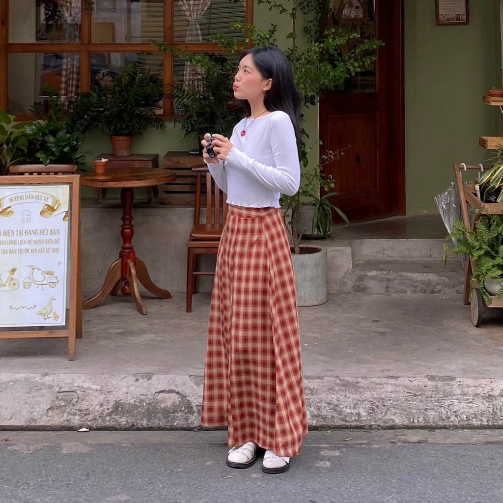 Chân váy caro dài Vintage Đỏ - Aufra studio