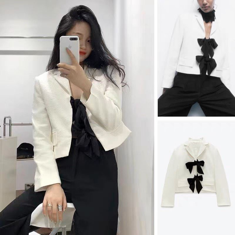 Áo Khoác Vest Dạ Nữ Ngắn Đính Nơ Siêu Xinh