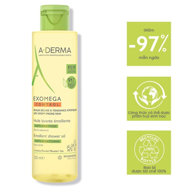 Dầu tắm dành cho da khô, da cơ địa A-Derma Exomega Control Shower Oil 200ML