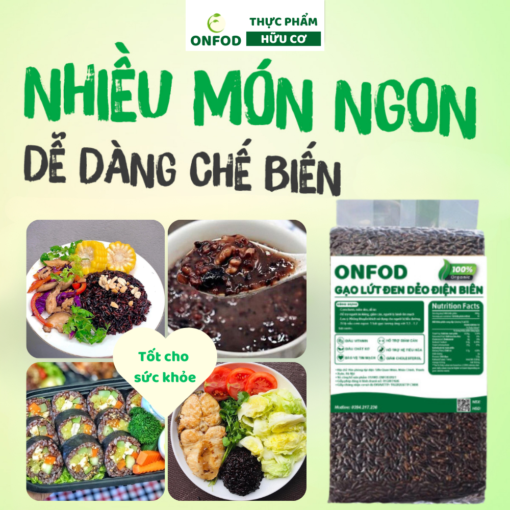 Gạo lứt đen dẻo điện biên organic ONFOD dành cho người giảm cân, thực dưỡng, ăn kiêng, tiểu đường, béo phì 500g 1kg