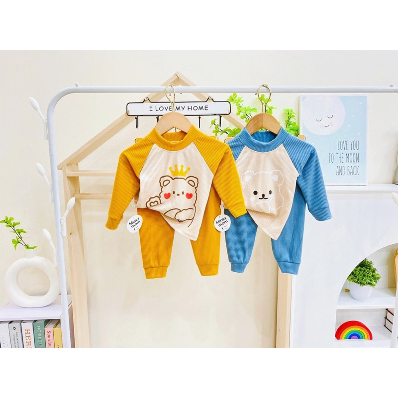 Bộ dài tay Minky Tăm gân Hoạ Tiết Phối Tay Cho Bé trai bé gái