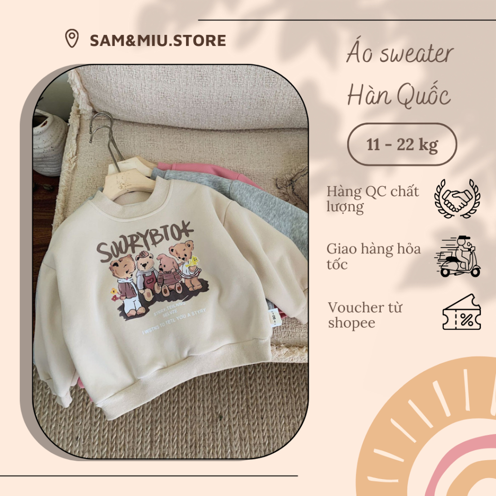 Áo nỉ cho bé, áo hoodie trẻ em hoạ tiết gấu hàng QC mềm ấm 11-21kg