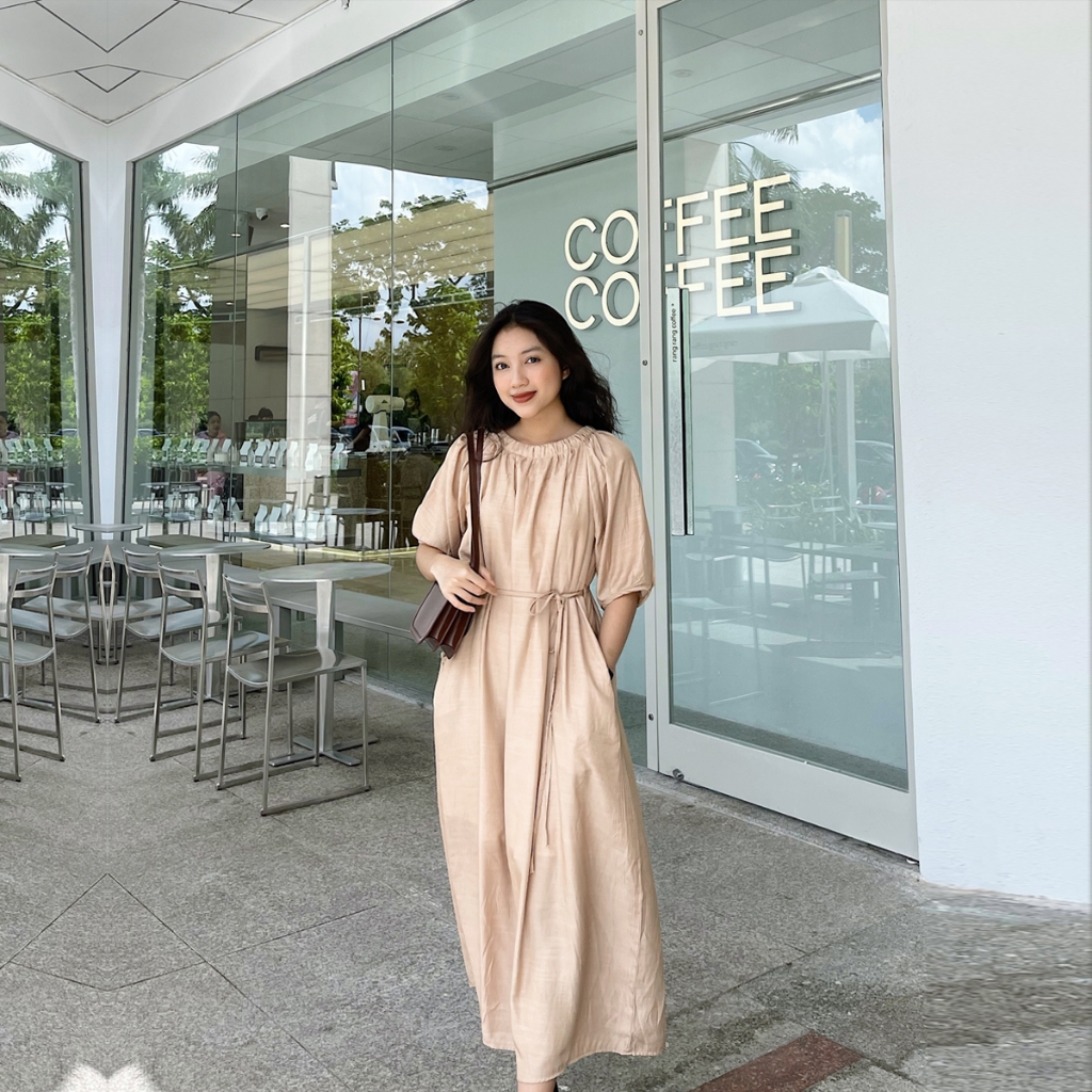 Đầm xoè dài thắt eo váy dáng suông cổ tròn nhún nhẹ nhàng, thanh lịch phù hợp công sở, đi chơi- đầm thiết kế too