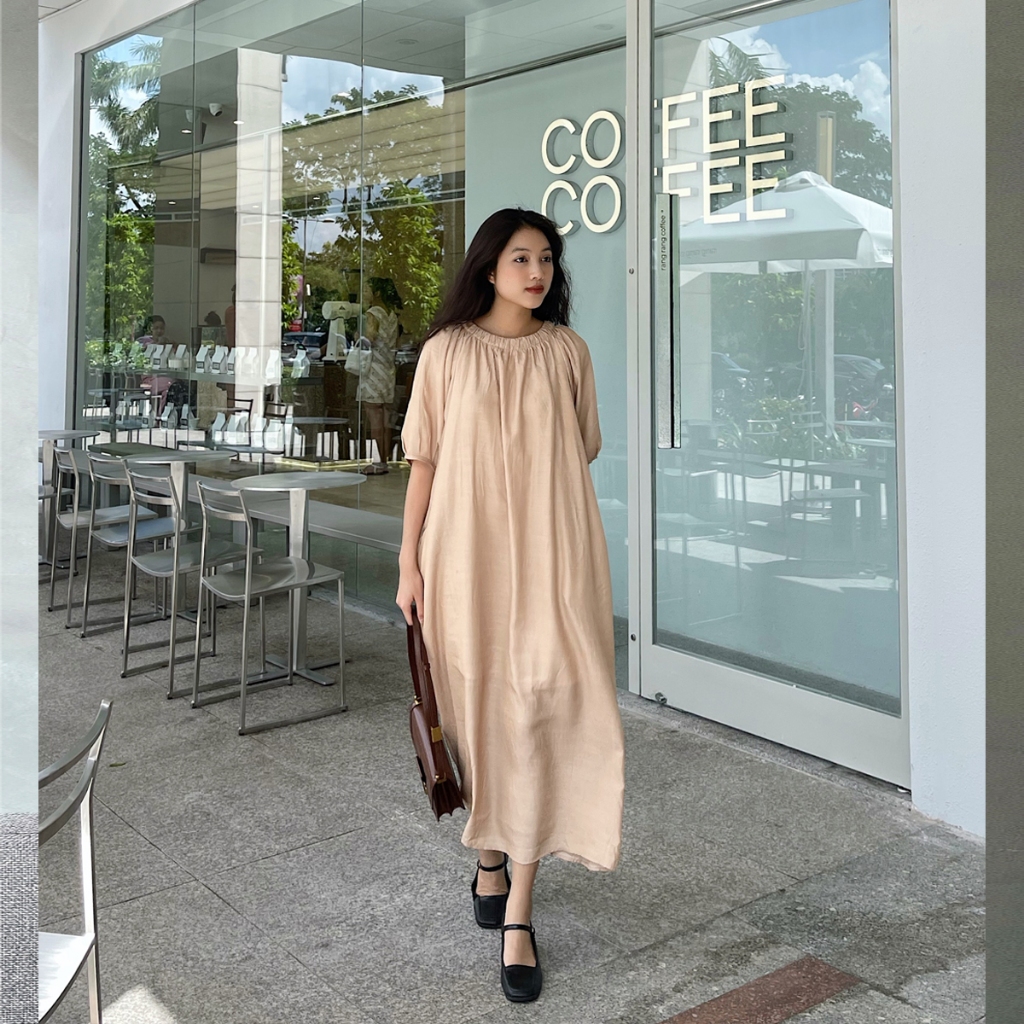 Đầm xoè dài thắt eo váy dáng suông cổ tròn nhún nhẹ nhàng, thanh lịch phù hợp công sở, đi chơi- đầm thiết kế too