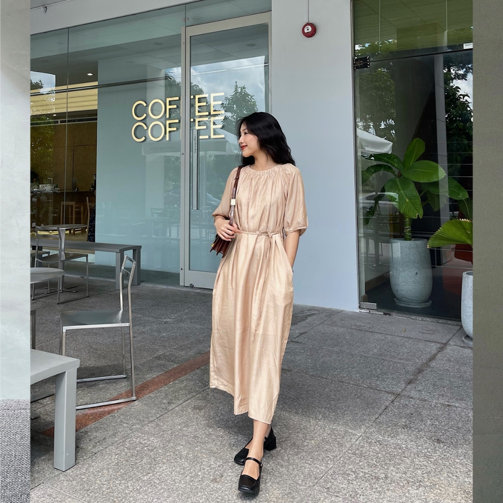 Đầm xoè dài thắt eo váy dáng suông cổ tròn nhún nhẹ nhàng, thanh lịch phù hợp công sở, đi chơi- đầm thiết kế too