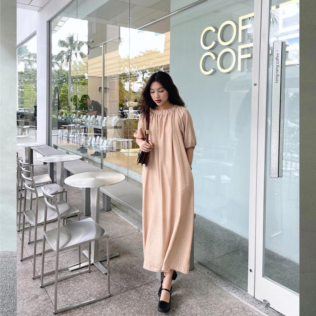 Đầm xoè dài thắt eo váy dáng suông cổ tròn nhún nhẹ nhàng, thanh lịch phù hợp công sở, đi chơi- đầm thiết kế too