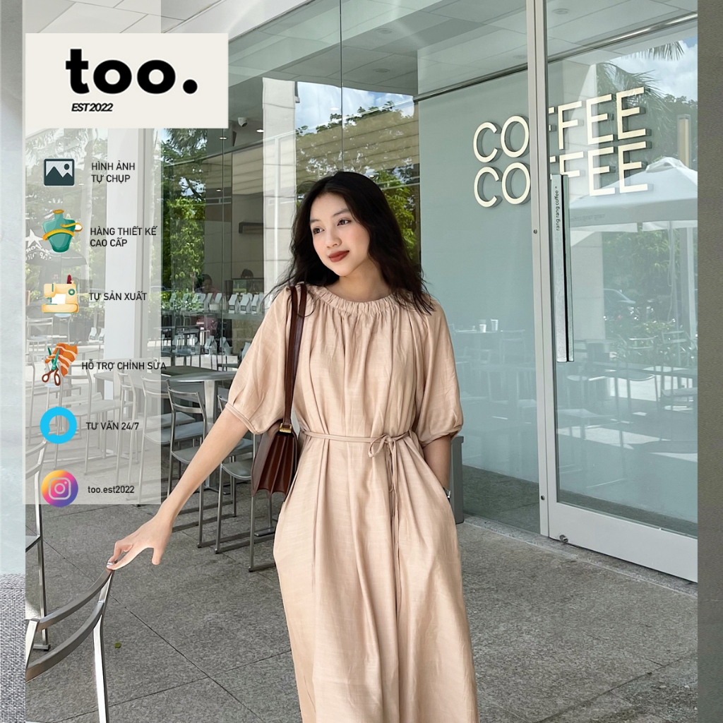 Đầm xoè dài thắt eo váy dáng suông cổ tròn nhún nhẹ nhàng, thanh lịch phù hợp công sở, đi chơi- đầm thiết kế too