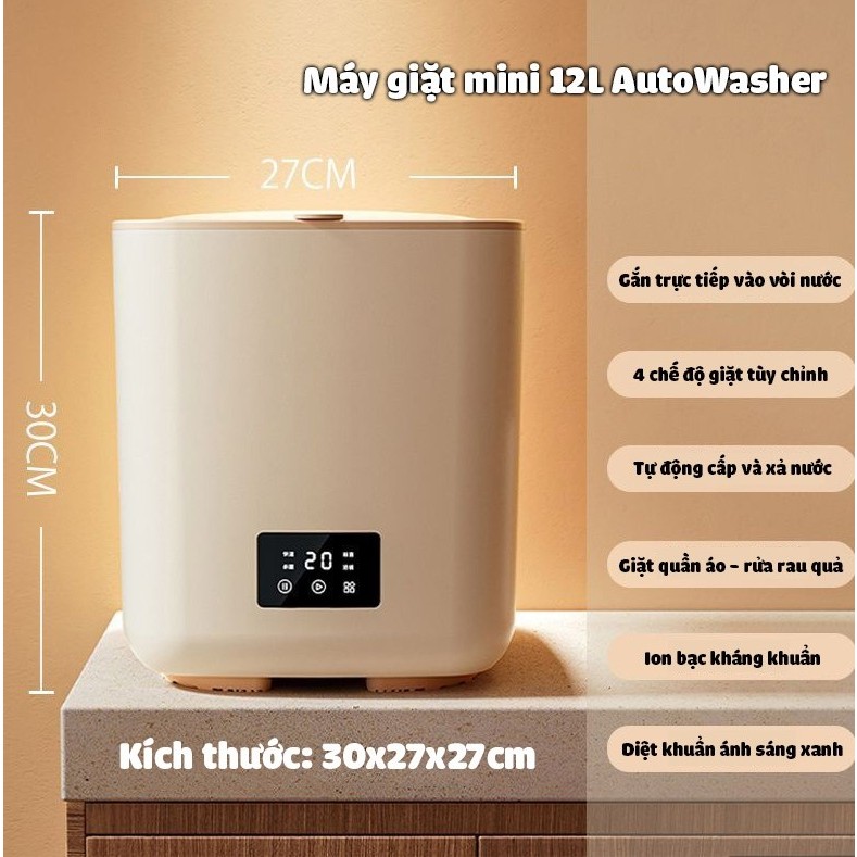 Máy giặt mini 12l tự động hoàn toàn AutoWasher giặt đồ trắng đồ lót đồ mỏng đồ cho bé
