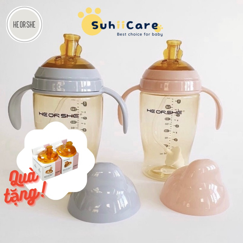 Bình tập uống nước cỡ lớn 280ml HeorShe có quai cầm tiện lợi