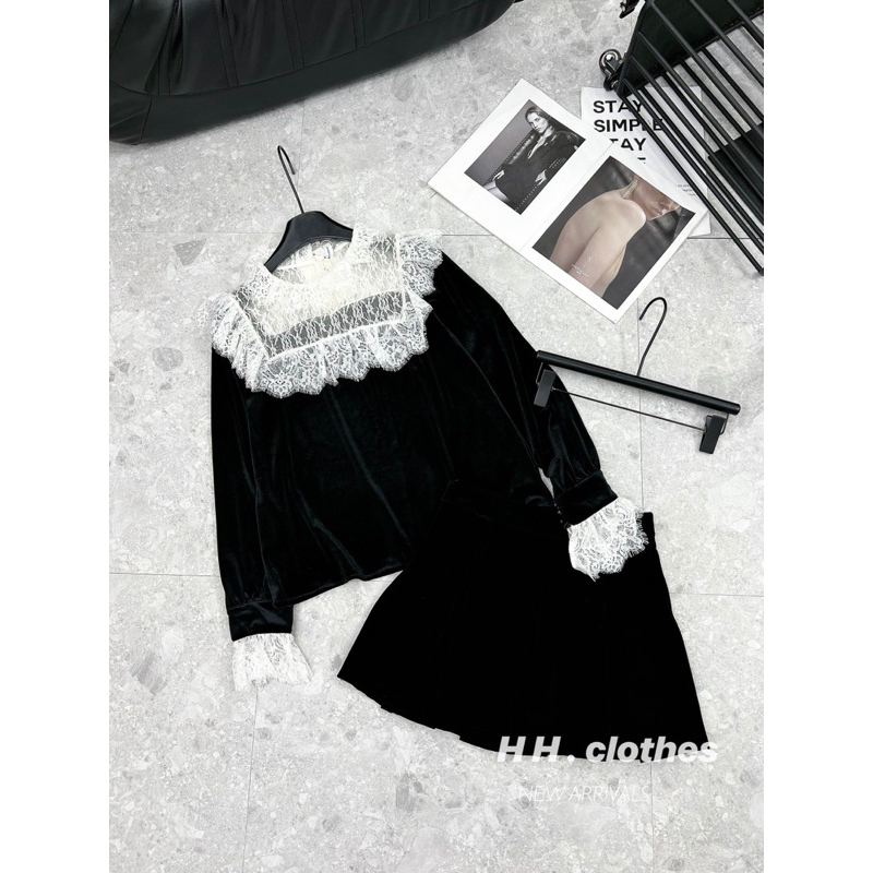 Áo nhung phối ren siêu đẹp và chân váy nhung