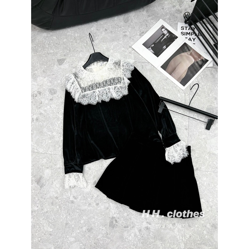 Áo nhung phối ren siêu đẹp và chân váy nhung