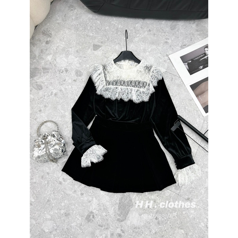 Áo nhung phối ren siêu đẹp và chân váy nhung