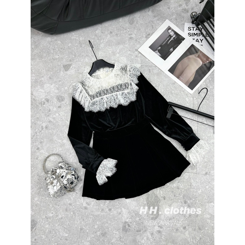 Áo nhung phối ren siêu đẹp và chân váy nhung