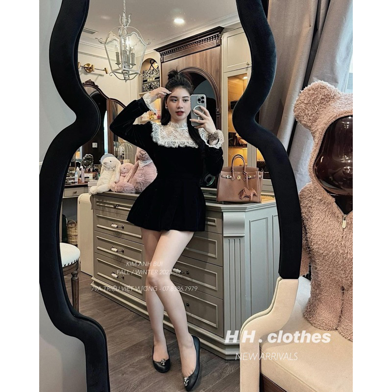 Áo nhung phối ren siêu đẹp và chân váy nhung