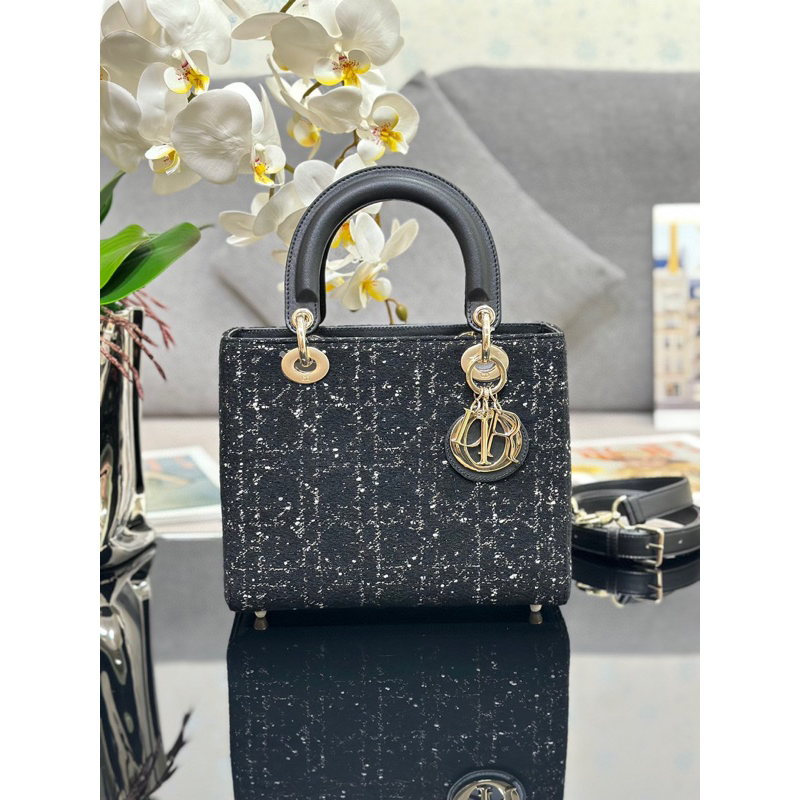Túi xách Dior Lady D-Lite, Dior D-Joy Limited 2023 Nhập Khẩu Da Bò Nguyên Bản, Vải Tweed Màu Thêu Năm Lưới Phần Cứng Mạ