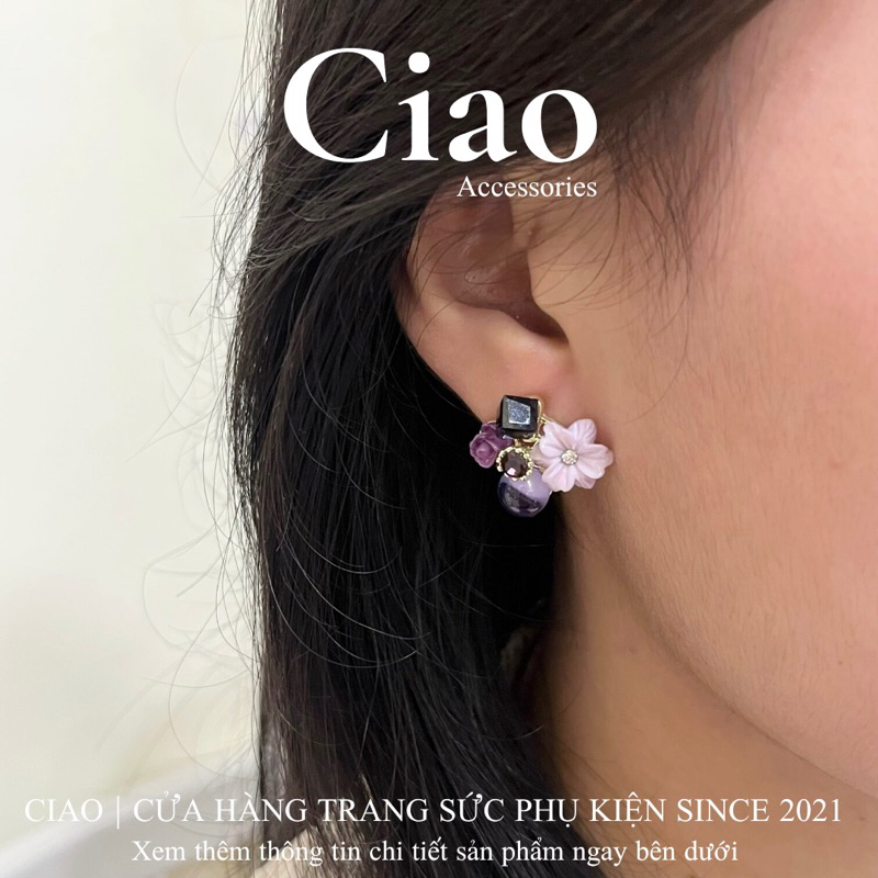 Khuyên tai/ Bông tai mạ bạc S925 thiết kế hoạ tiết tím Monalisa Ciao