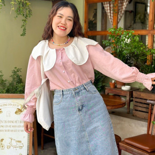 Ootd bigsize | áo sơ mi linen cổ sen trắng cúc châu