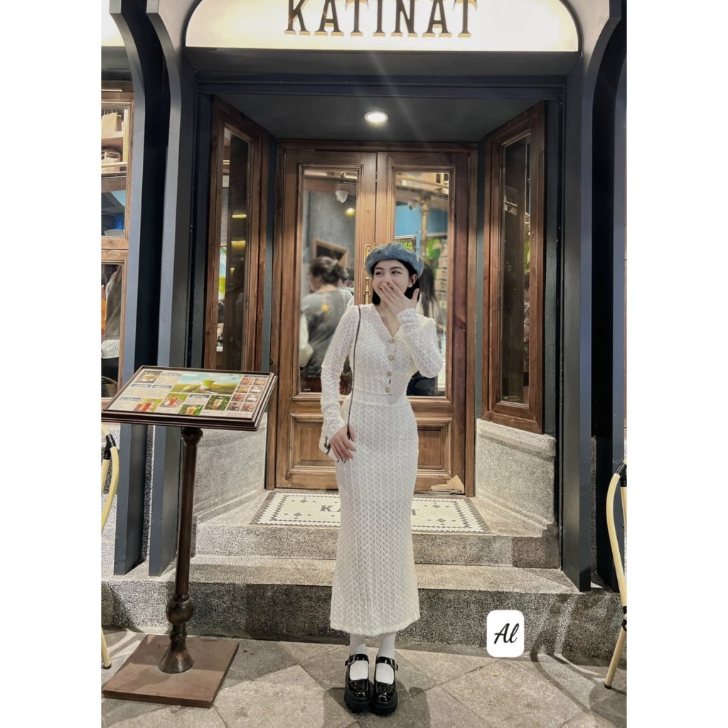 Sét Đầm len lông xù cổ tim tay dài  chân váy  đuôi cá mặc di chơi di tiệc sang chảnh